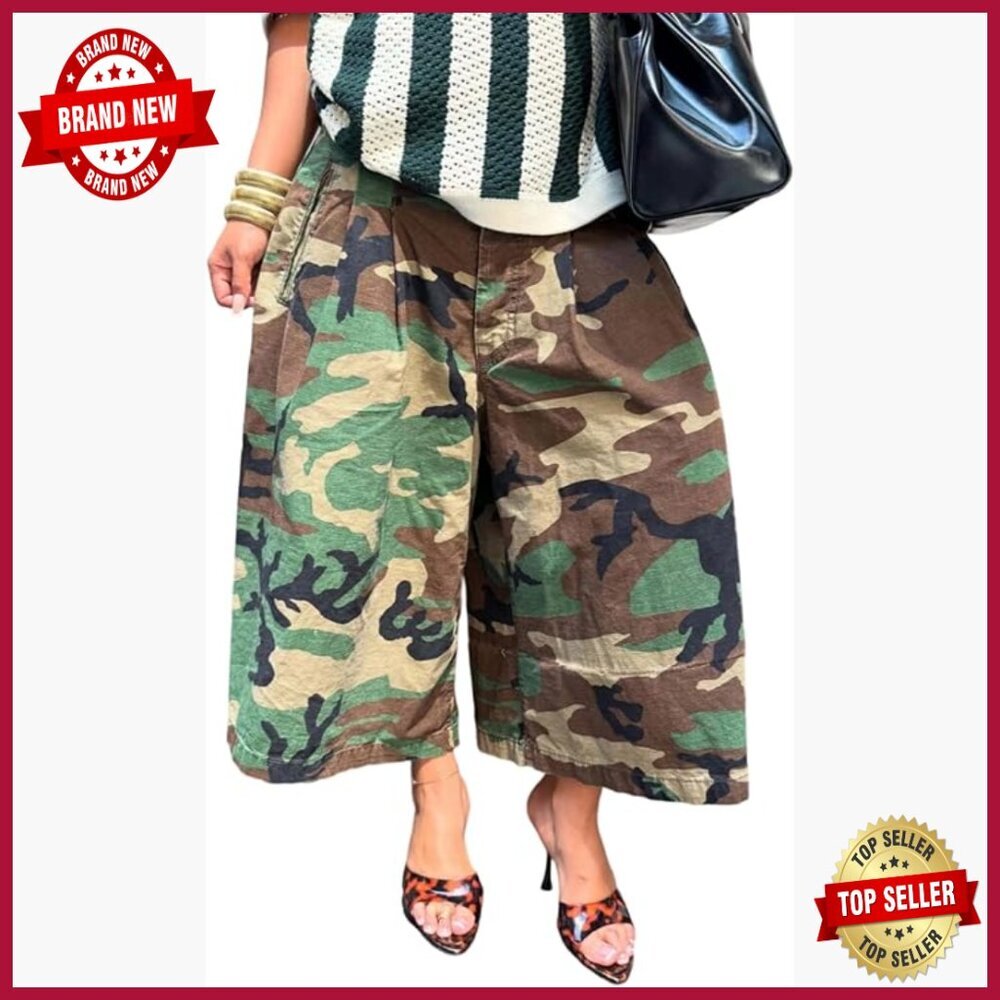 Plus Size Cargo Jeans Wide Leg Cropped Harem Pants High Waisted
